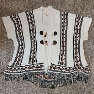 Aztec Tribal Inspired Women's Geometric Fringe Poncho - Cream and Brown